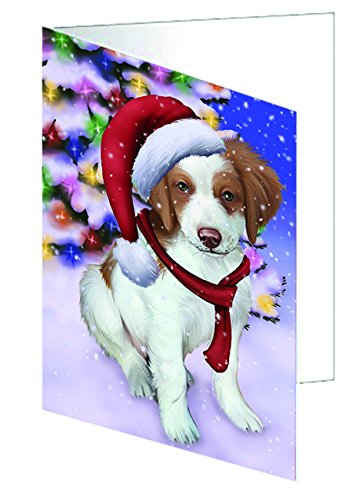 Winterland Wonderland Brittany Spaniel Dog In Christmas Holiday Scenic Background Handmade Artwork Assorted Pets Greeting Cards and Note Cards with Envelopes for All Occasions and Holiday Seasons