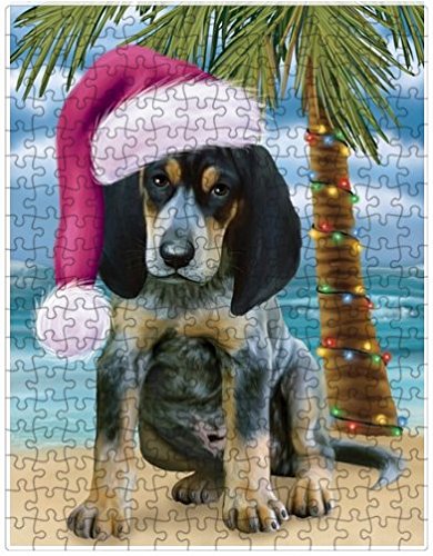 Summertime Happy Holidays Christmas Bluetick Coonhound Dog on Tropical Island Beach Puzzle with Photo Tin