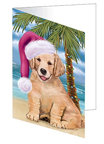 Summertime Happy Holidays Christmas Golden Retrievers Dog on Tropical Island Beach Handmade Artwork Assorted Pets Greeting Cards and Note Cards with Envelopes for All Occasions and Holiday Seasons D417