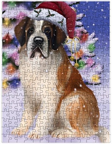 Winterland Wonderland Saint Bernard Dog In Christmas Holiday Scenic Background Puzzle with Photo Tin