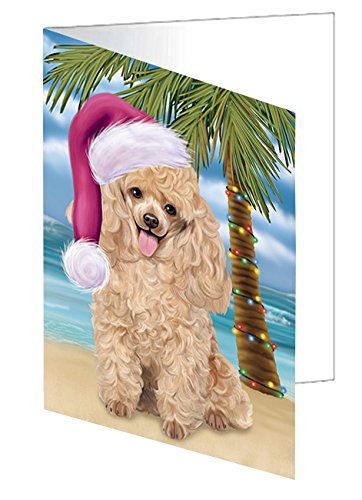 Summertime Happy Holidays Christmas Poodles Dog on Tropical Island Beach Handmade Artwork Assorted Pets Greeting Cards and Note Cards with Envelopes for All Occasions and Holiday Seasons D431
