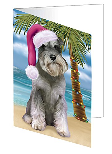 Summertime Happy Holidays Christmas Schnauzers Dog on Tropical Island Beach Handmade Artwork Assorted Pets Greeting Cards and Note Cards with Envelopes for All Occasions and Holiday Seasons D438