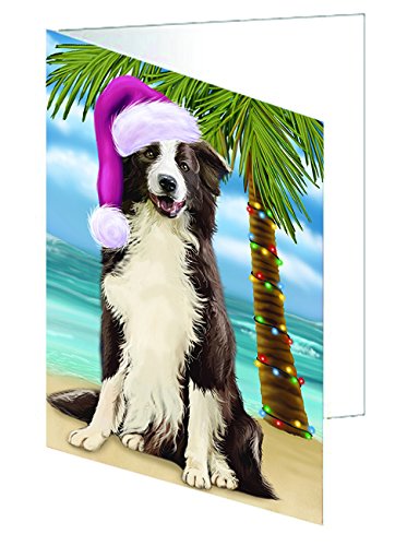 Summertime Christmas Border Collie Dog on Tropical Beach Handmade Artwork Assorted Pets Greeting Cards and Note Cards with Envelopes for All Occasions and Holiday Seasons