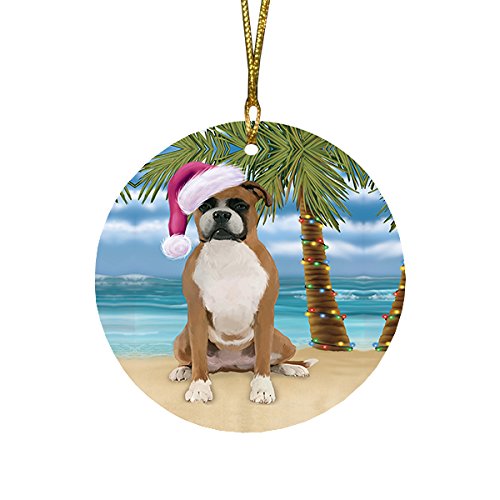 Summertime Boxer Dog on Beach Christmas Round Flat Ornament POR1623