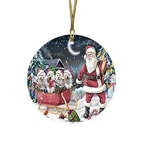 Santa Sled Dogs Bichon Frise Christmas Round Flat Ornament POR1541