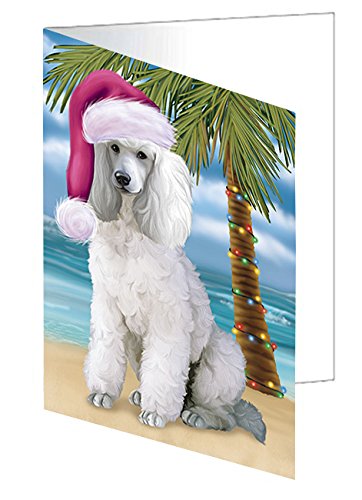 Summertime Happy Holidays Christmas Poodles Dog on Tropical Island Beach Handmade Artwork Assorted Pets Greeting Cards and Note Cards with Envelopes for All Occasions and Holiday Seasons D430