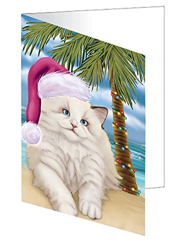 Summertime Christmas Happy Holidays White Ragdoll Cat on Beach Handmade Artwork Assorted Pets Greeting Cards and Note Cards with Envelopes for All Occasions and Holiday Seasons GCD3265