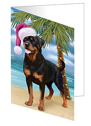 Summertime Christmas Happy Holidays Rottweiler Dog on Beach Handmade Artwork Assorted Pets Greeting Cards and Note Cards with Envelopes for All Occasions and Holiday Seasons GCD3195