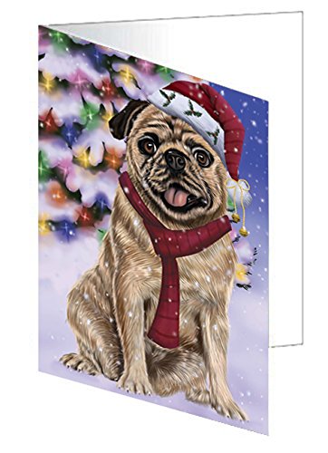 Winterland Wonderland Pug Dog In Christmas Holiday Scenic Background Handmade Artwork Assorted Pets Greeting Cards and Note Cards with Envelopes for All Occasions and Holiday Seasons