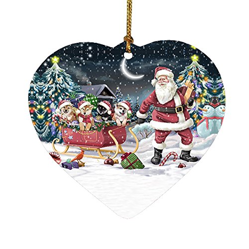 Santa Sled Dogs Shiba Inu Christmas Heart Ornament POR2066
