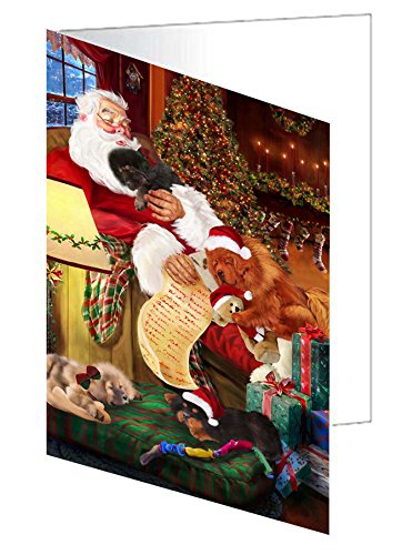 Tibetan Mastiff Dog and Puppies Sleeping with Santa Handmade Artwork Assorted Pets Greeting Cards and Note Cards with Envelopes for All Occasions and Holiday Seasons