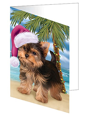 Summertime Christmas Happy Holidays Yorkshire Terrier Puppy on Beach Handmade Artwork Assorted Pets Greeting Cards and Note Cards with Envelopes for All Occasions and Holiday Seasons GCD3290
