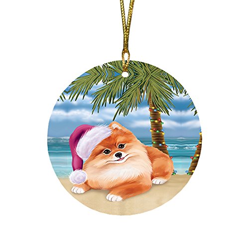 Summertime Pomeranian Dog on Beach Christmas Round Flat Ornament POR1729