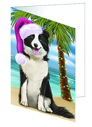 Summertime Christmas Border Collie Dog on Tropical Island Beach Handmade Artwork Assorted Pets Greeting Cards and Note Cards with Envelopes for All Occasions and Holiday Seasons