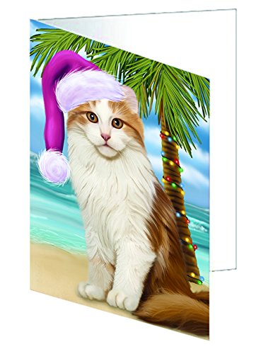 Summertime Happy Holidays Christmas American Curl Cat on Tropical Island Beach Handmade Artwork Assorted Pets Greeting Cards and Note Cards with Envelopes for All Occasions and Holiday Seasons