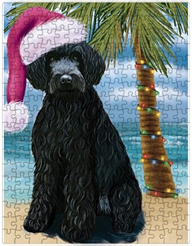 Summertime Happy Holidays Christmas Barbets Dog on Tropical Island Beach Puzzle with Photo Tin