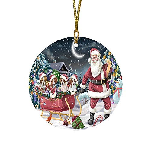Santa Sled Dogs Brittany Spaniel Christmas Round Flat Ornament POR1571