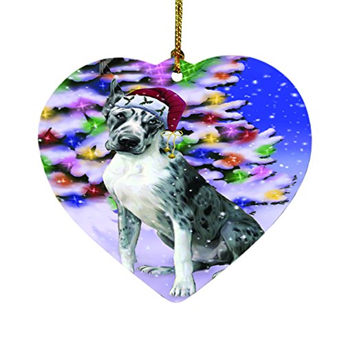 Winterland Wonderland Great Dane Dog In Christmas Holiday Scenic Background Heart Ornament D500