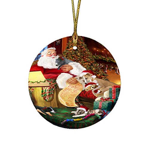 Whippet Dog and Puppies Sleeping with Santa Round Christmas Ornament