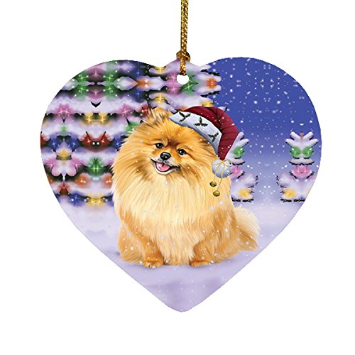 Winterland Wonderland Pomeranians Dog In Christmas Holiday Scenic Background Heart Ornament