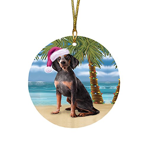 Summertime American English Coonhound Dog on Beach Christmas Round Flat Ornament POR1595
