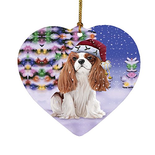 Winterland Wonderland Cavalier King Charles Spaniel Dog In Christmas Holiday Scenic Background Heart Ornament