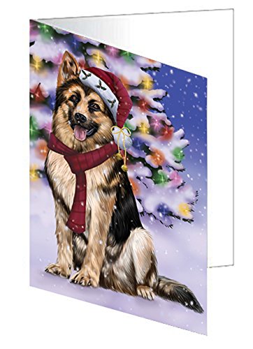 Winterland Wonderland German Shepherds Dog In Christmas Holiday Scenic Background Handmade Artwork Assorted Pets Greeting Cards and Note Cards with Envelopes for All Occasions and Holiday Seasons