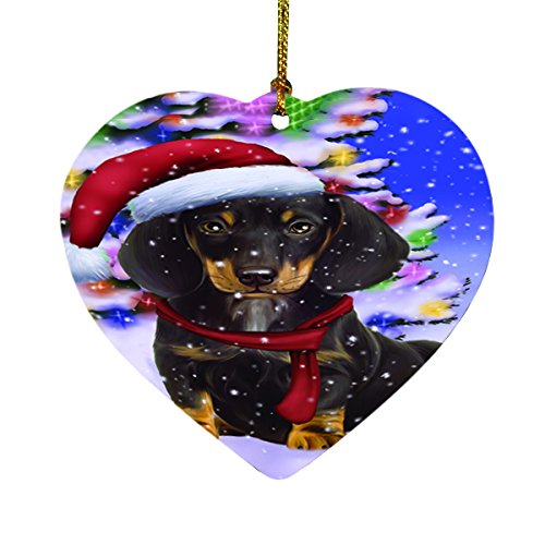 Winterland Wonderland Dachshunds Dog In Christmas Holiday Scenic Background Heart Ornament D491
