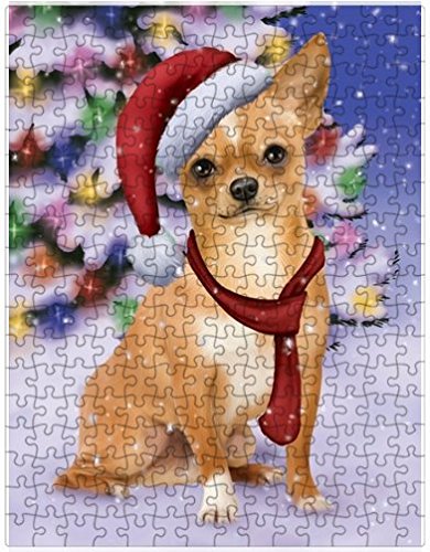 Winterland Wonderland Chihuahua Puppy Dog In Christmas Holiday Scenic Background Puzzle with Photo Tin