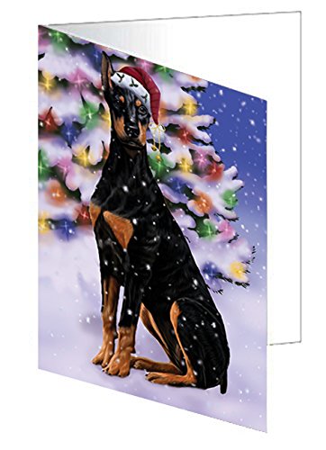Winterland Wonderland Doberman Dog In Christmas Holiday Scenic Background Handmade Artwork Assorted Pets Greeting Cards and Note Cards with Envelopes for All Occasions and Holiday Seasons