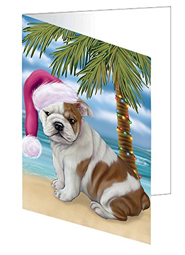 Summertime Happy Holidays Christmas Bulldog Dog on Tropical Island Beach Handmade Artwork Assorted Pets Greeting Cards and Note Cards with Envelopes for All Occasions and Holiday Seasons