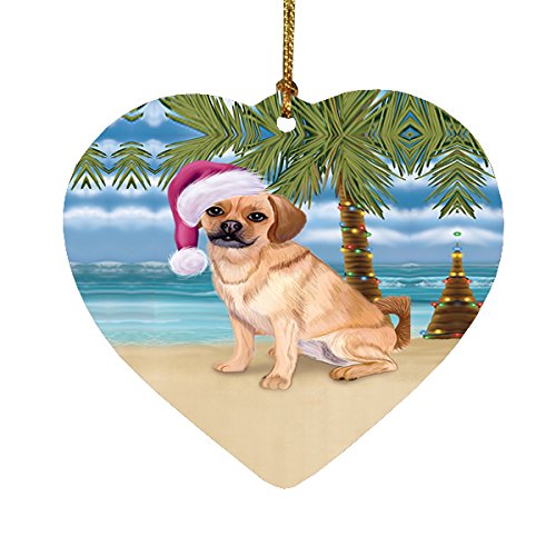 Summertime Puggle Dog on Beach Christmas Heart Ornament POR2310