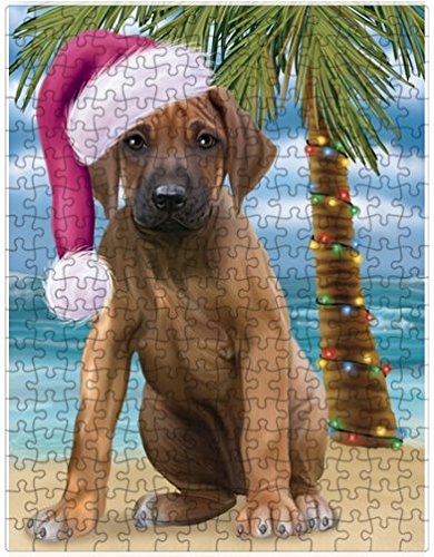 Summertime Happy Holidays Christmas Rhodesian Ridgeback Dog on Tropical Island Beach Puzzle with Photo Tin