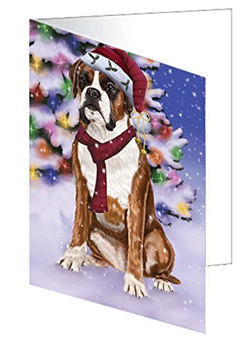 Winterland Wonderland Boxers Dog In Christmas Holiday Scenic Background Handmade Artwork Assorted Pets Greeting Cards and Note Cards with Envelopes for All Occasions and Holiday Seasons