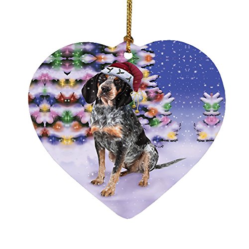 Winterland Wonderland Bluetick Coonhound Dog In Christmas Holiday Scenic Background Heart Ornament