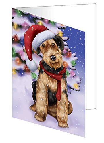 Winterland Wonderland Airedales Dog In Christmas Holiday Scenic Background Handmade Artwork Assorted Pets Greeting Cards and Note Cards with Envelopes for All Occasions and Holiday Seasons