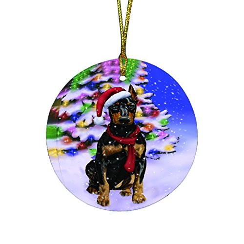 Winterland Wonderland Doberman Dog In Christmas Holiday Scenic Background Round Ornament D492