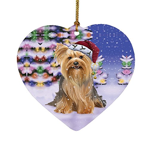 Winterland Wonderland Yorkshire Terriers Dog In Christmas Holiday Scenic Background Heart Ornament