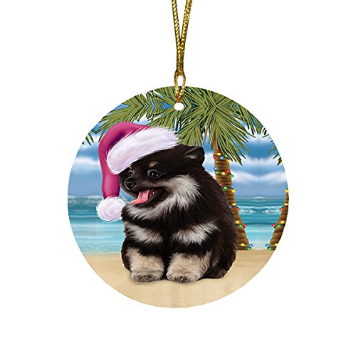 Summertime Pomeranian Spitz Dog on Beach Christmas Round Flat Ornament POR1735