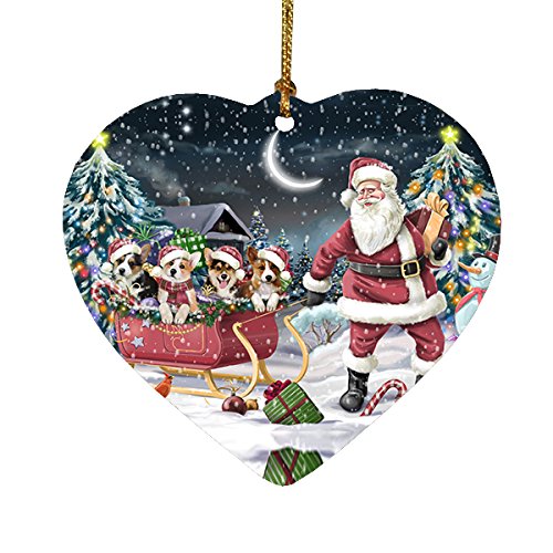 Santa Sled Dogs Corgi Christmas Heart Ornament POR2093