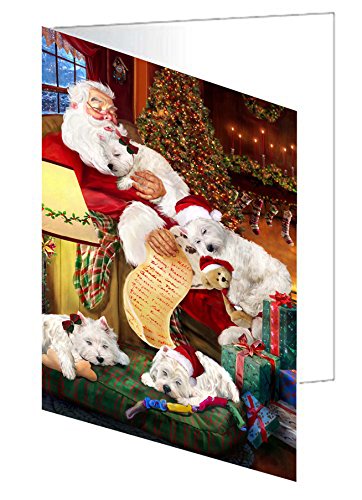 Westies Dog and Puppies Sleeping with Santa Handmade Artwork Assorted Pets Greeting Cards and Note Cards with Envelopes for All Occasions and Holiday Seasons