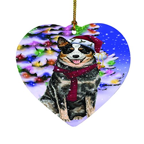Winterland Wonderland Australian Cattle Dog In Christmas Holiday Scenic Background Heart Ornament D466
