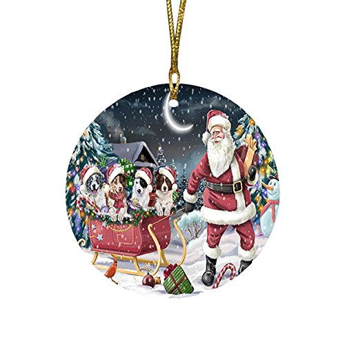 Santa Sled Dogs Border Collie Christmas Round Flat Ornament POR1542