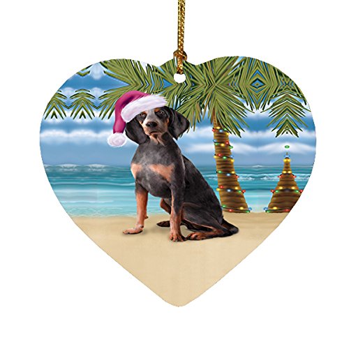 Summertime American English Coonhound Dog on Beach Christmas Heart Ornament POR2139