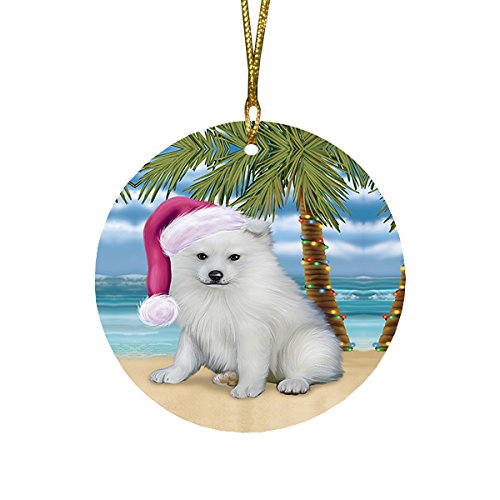 Summertime Christmas Happy Holidays American Eskimo Puppy on Beach Round Flat Ornament POR1236