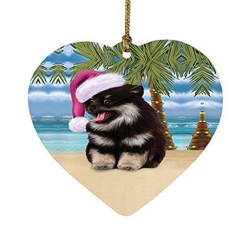 Summertime Pomeranian Spitz Dog on Beach Christmas Heart Ornament POR2279
