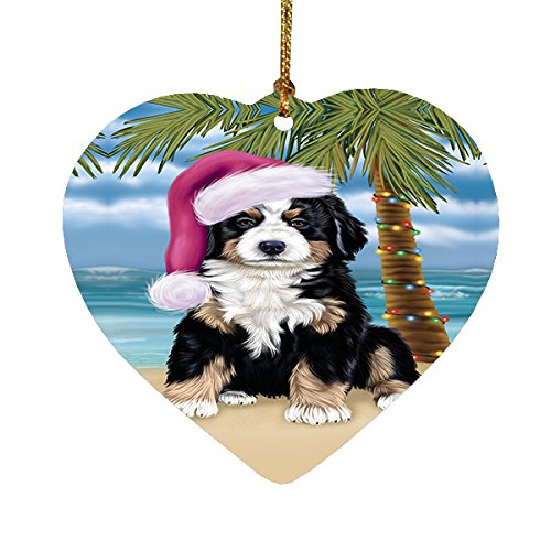 Summertime Happy Holidays Christmas Bernese Dog on Tropical Island Beach Heart Ornament