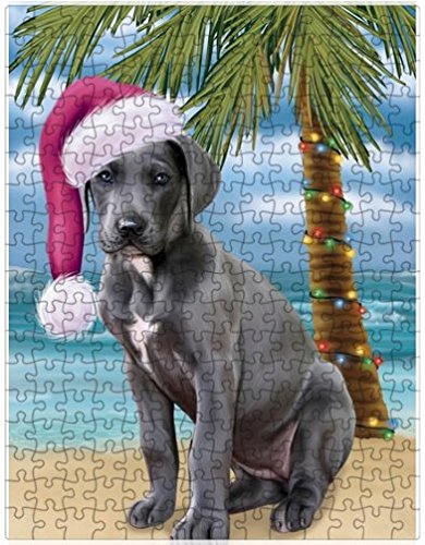 Summertime Happy Holidays Christmas Great Dane Dog on Tropical Island Beach Puzzle with Photo Tin