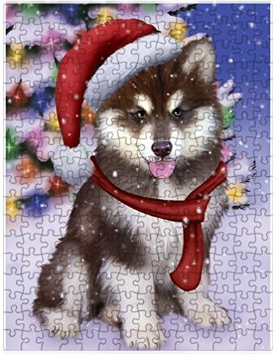 Winterland Wonderland Alaskan Malamute Dog In Christmas Holiday Scenic Background Puzzle with Photo Tin D698