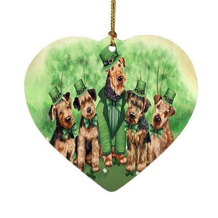St. Patricks Day Irish Family Portrait Airedale Terriers Dog Heart Christmas Ornament HPOR48448